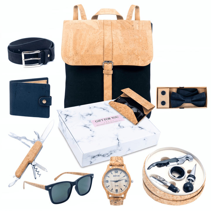 A curated gift set featuring a tan and black backpack, a black belt, a black wallet, a wooden watch, black sunglasses, a wooden-cork folding knife, a wooden box, a black bow tie, and a corkscrew, arranged on a white background.