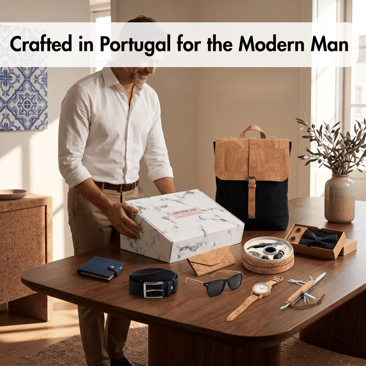 A man in a white shirt and khaki pants stands beside a wooden table in a bright room, holding a white marble-patterned gift box. The table displays a curated men&