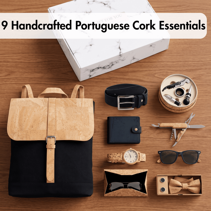 A curated flat lay of cork and black accessories arranged on a wooden surface, including a black and natural cork backpack, belt, wallet, watch, sunglasses, bow tie, glasses, tool set, and a white marble gift box. Text at the top reads &