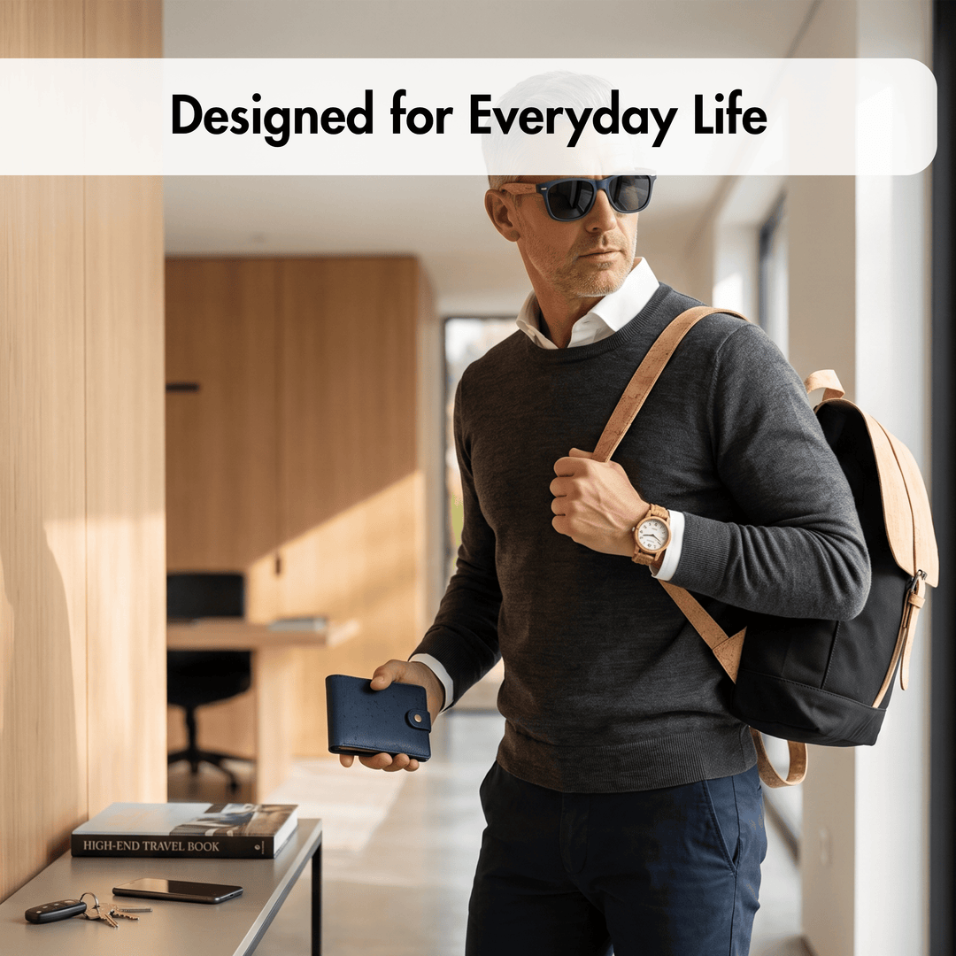 A man in a gray sweater and sunglasses walks through a modern office hallway, carrying a black backpack with tan straps and holding a blue wallet. A white banner at the top reads &