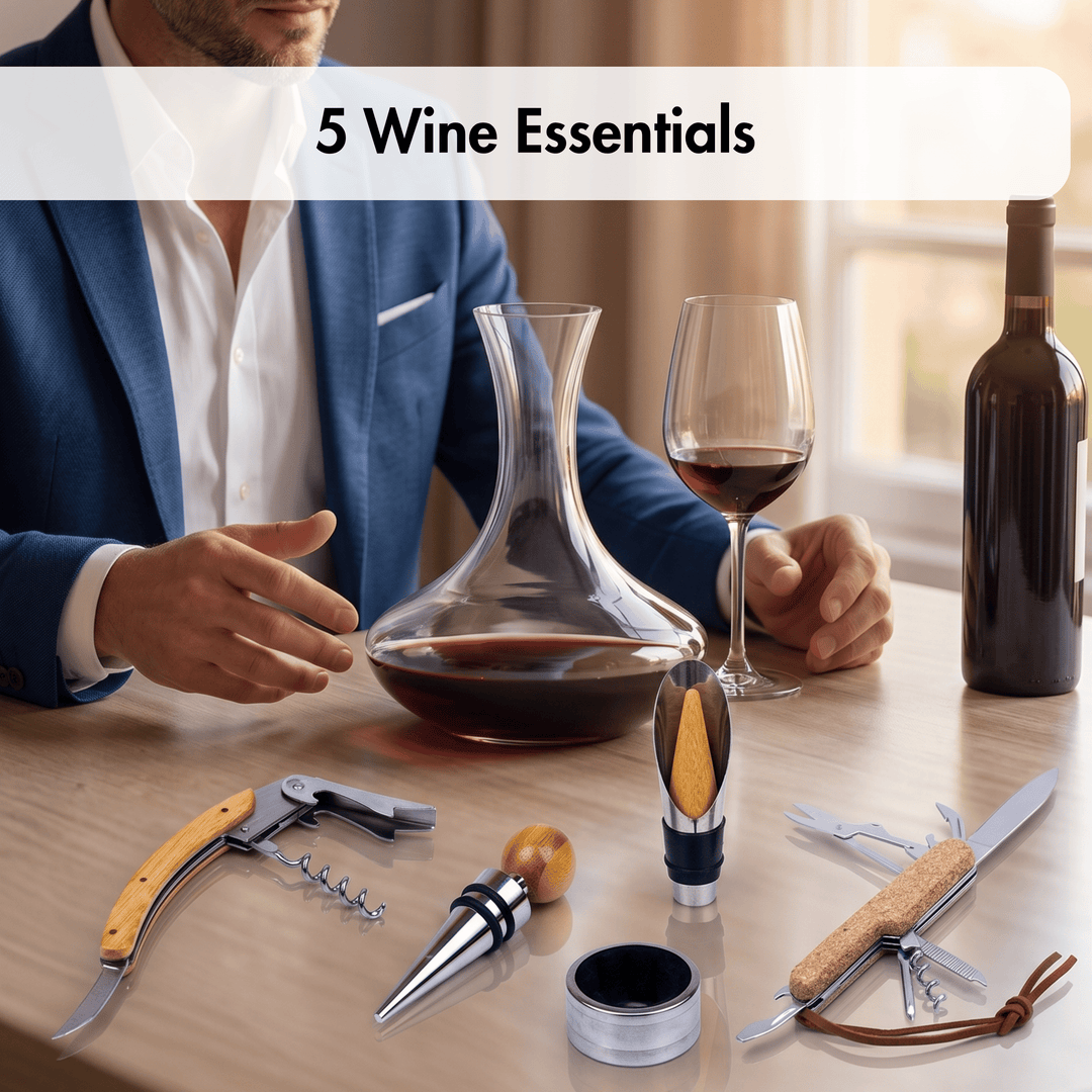 A man in a blue blazer sits at a table with wine accessories, including a glass decanter, a wine glass with red wine, a dark wine bottle, and several corkscrew tools. A white banner at the top reads &