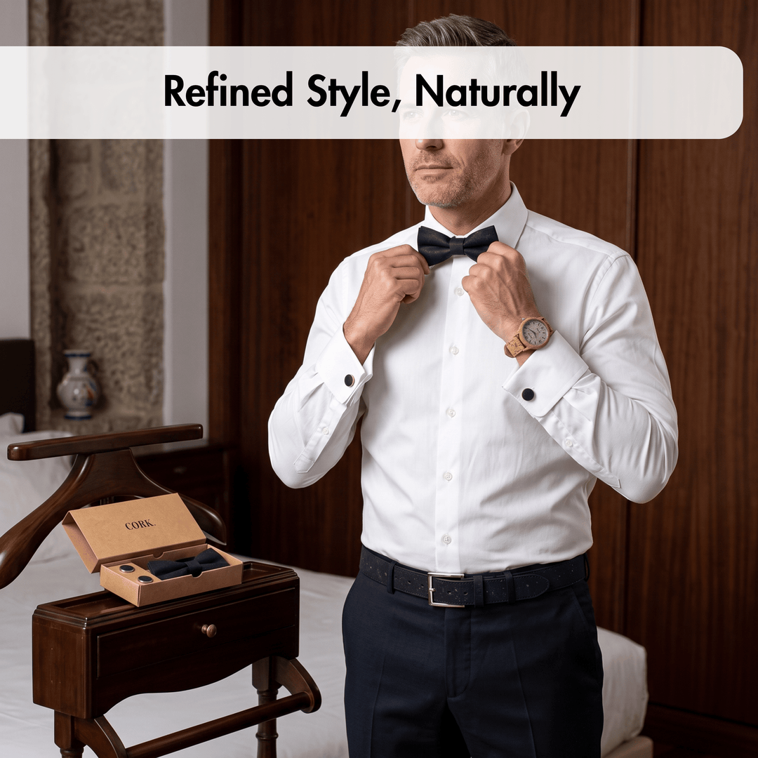 A man in a bedroom adjusts a black bow tie while wearing a white dress shirt and dark trousers. An open branded box sits on a wooden bedside table, and the text &