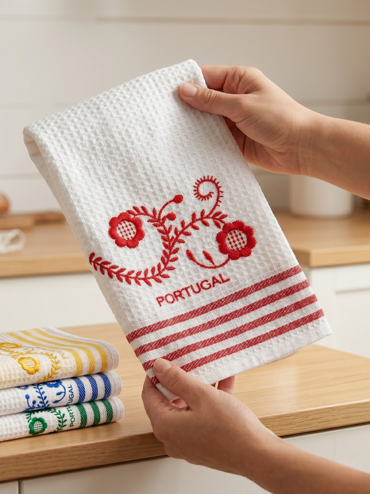 White towel with red floral design and 'Portugal' text held by a hand, with other towels stacked below on a wooden surface.