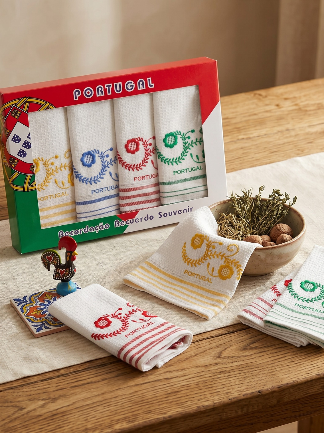 Set of Portuguese-themed towels with decorative designs on a wooden table.