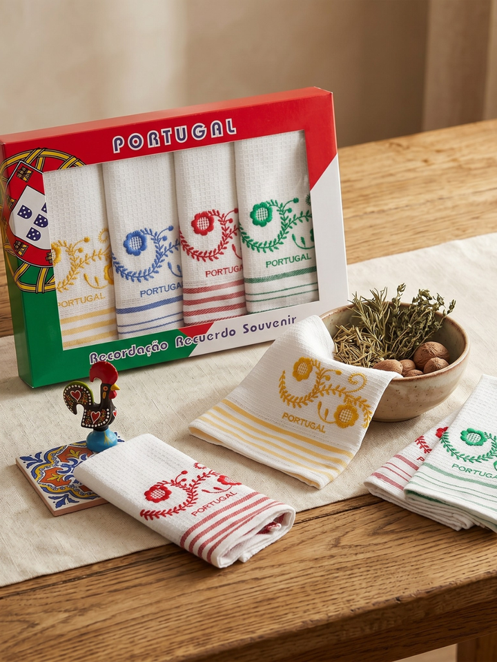 Set of Portuguese-themed towels with decorative designs on a wooden table.