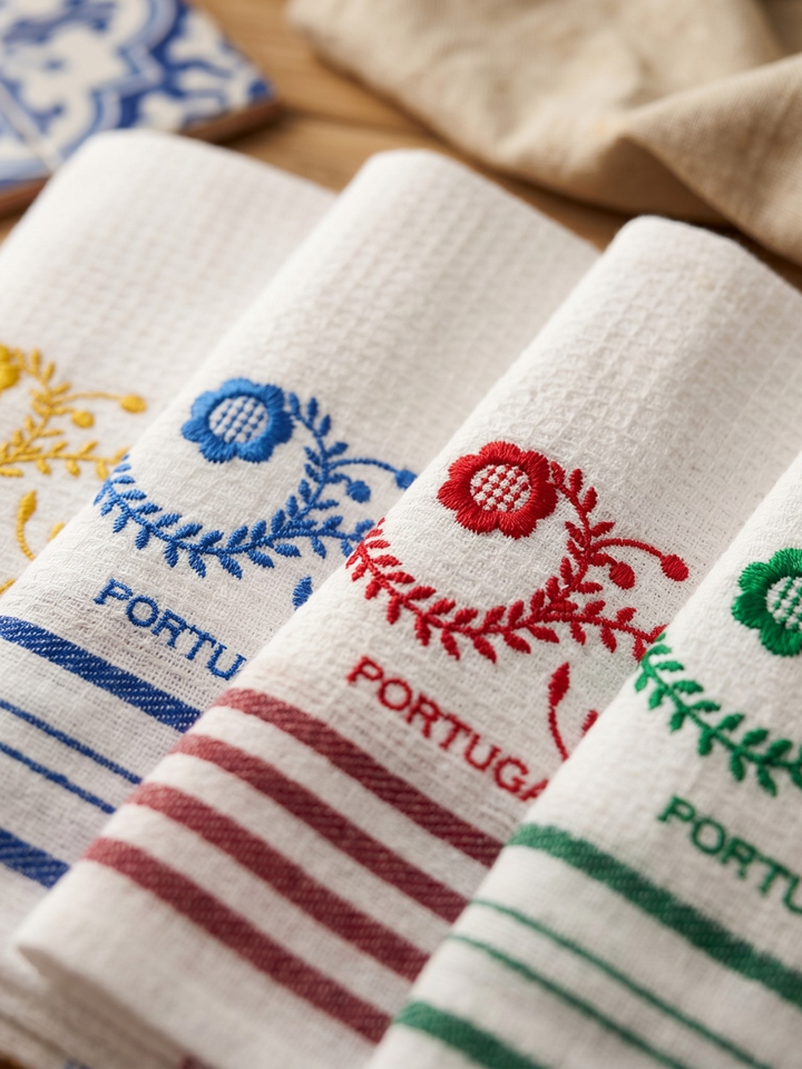 Set of embroidered towels with Portuguese designs and text on a wooden surface.