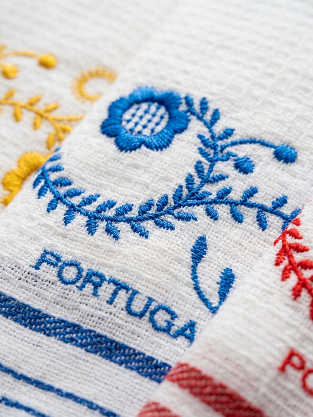 Embroidered fabric with floral patterns and the word 'Portugal' on a white background