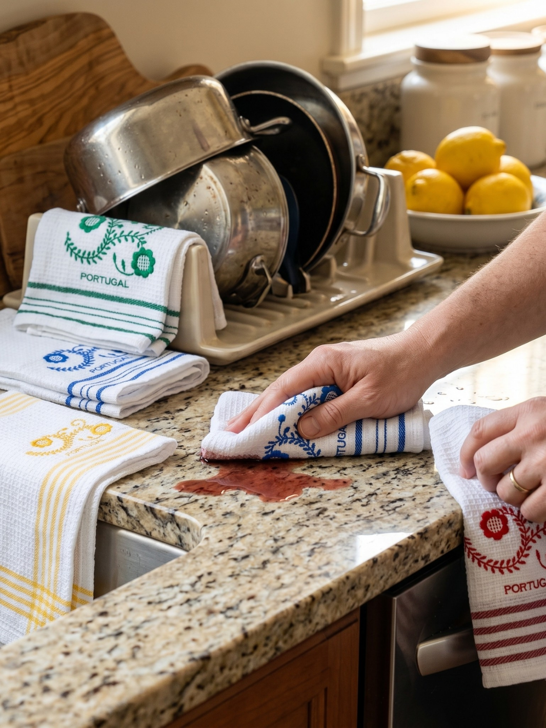 Person cleaning a kitchen counter with towels and lemons in the background