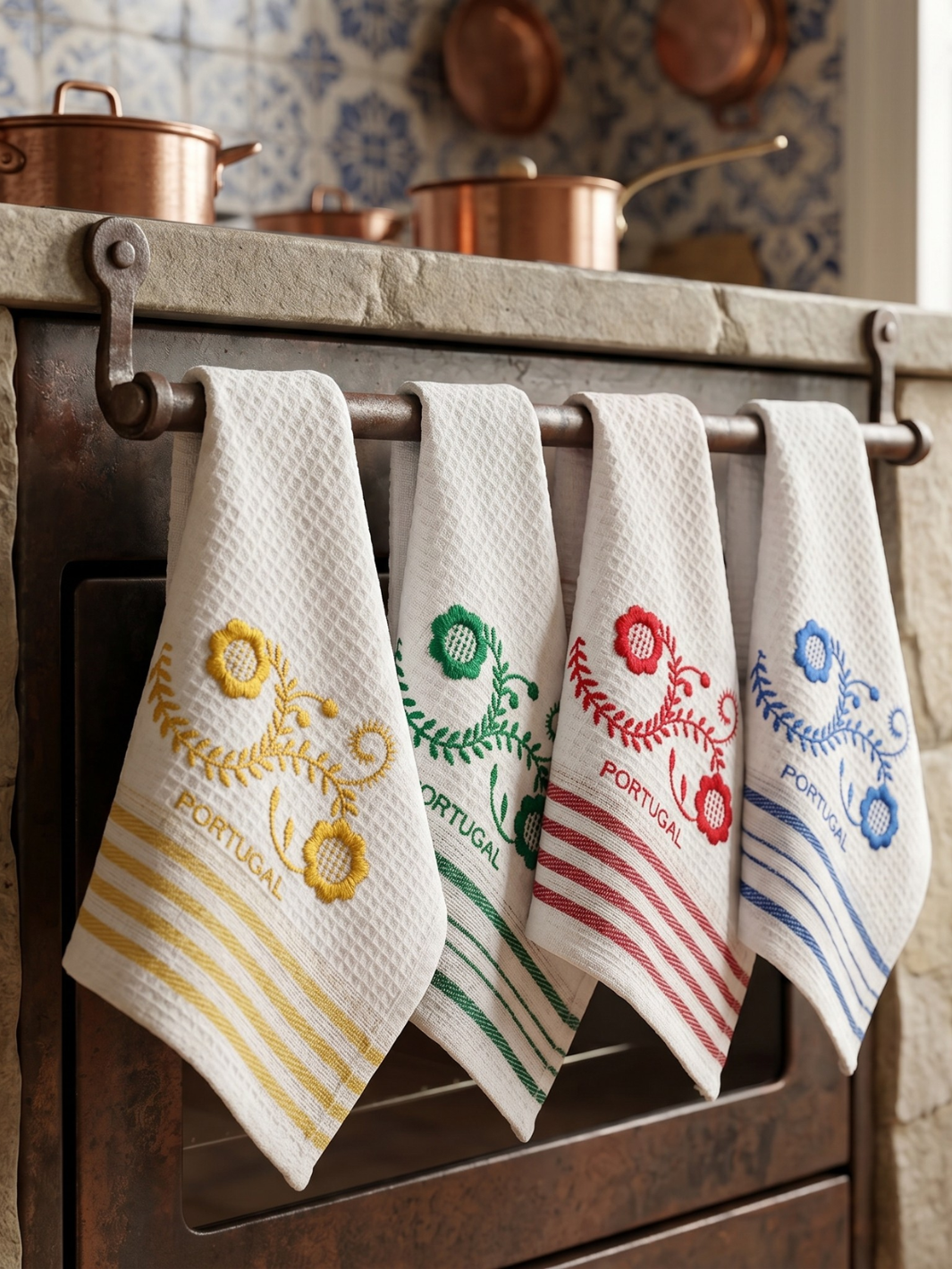 Set of embroidered kitchen towels hanging on a wooden rack with copper pots in the background.