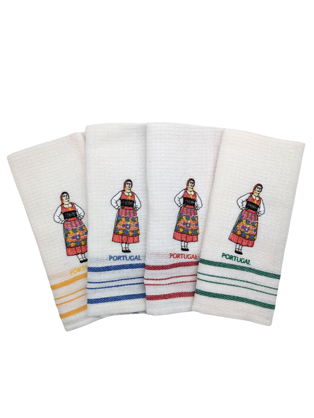 Set of four white towels with colorful designs and 'Portuguese' text on a white background