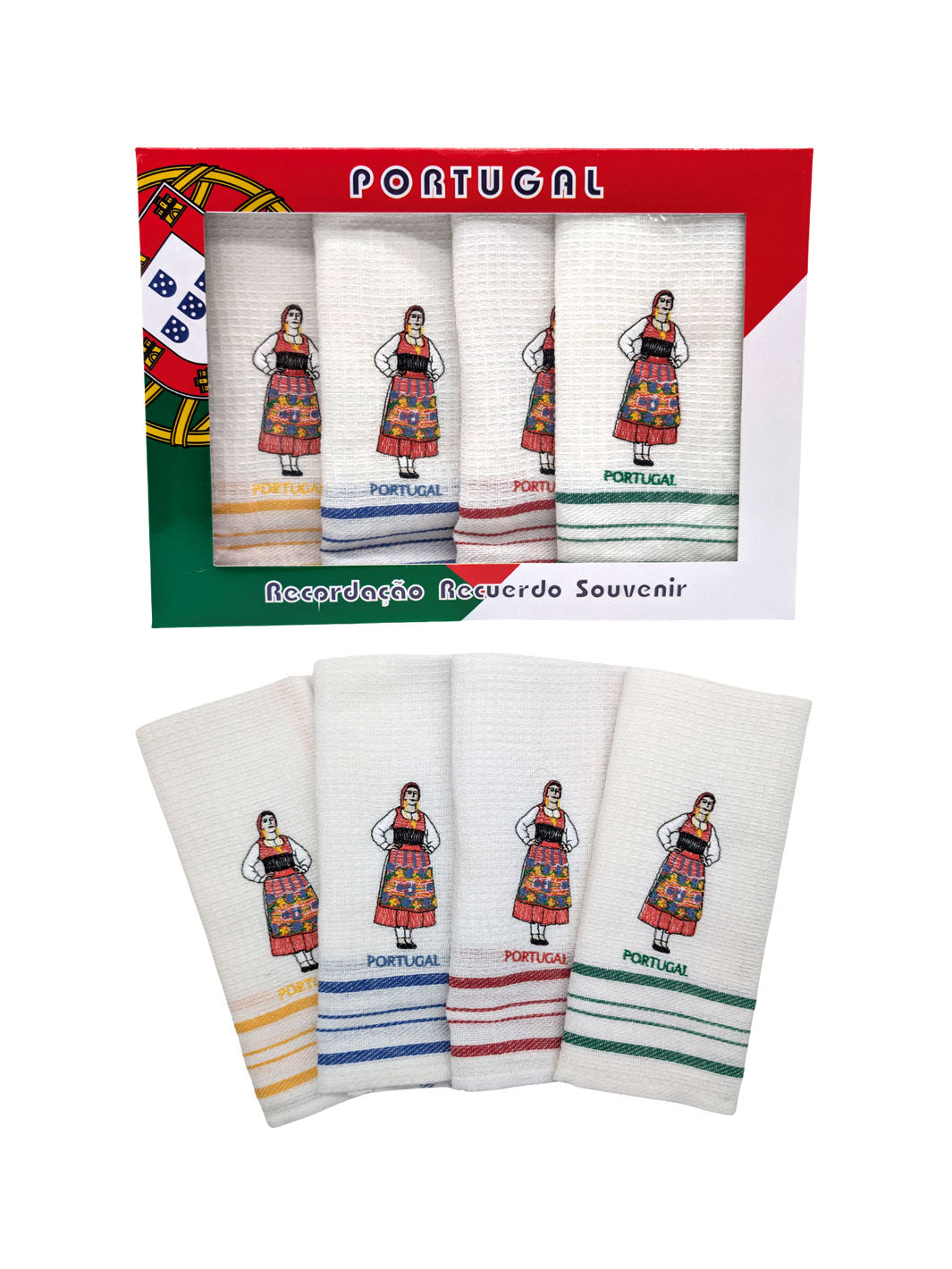 Set of Portuguese-themed towels with traditional designs in a packaging box.