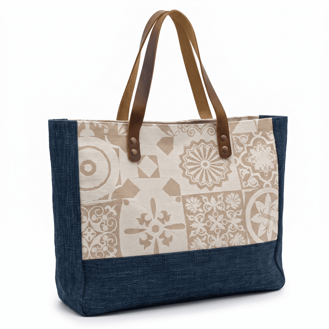 A tote bag with a dark blue denim-like base and a beige patchwork tile pattern on the front panel, featuring brown leather handles.