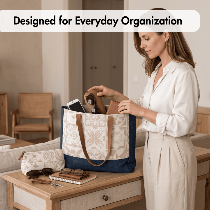 A woman in a white blouse and beige skirt packs items into a large tote bag with a cream and navy patterned design and tan handles, set in a warm, modern living room. A text overlay at the top reads &