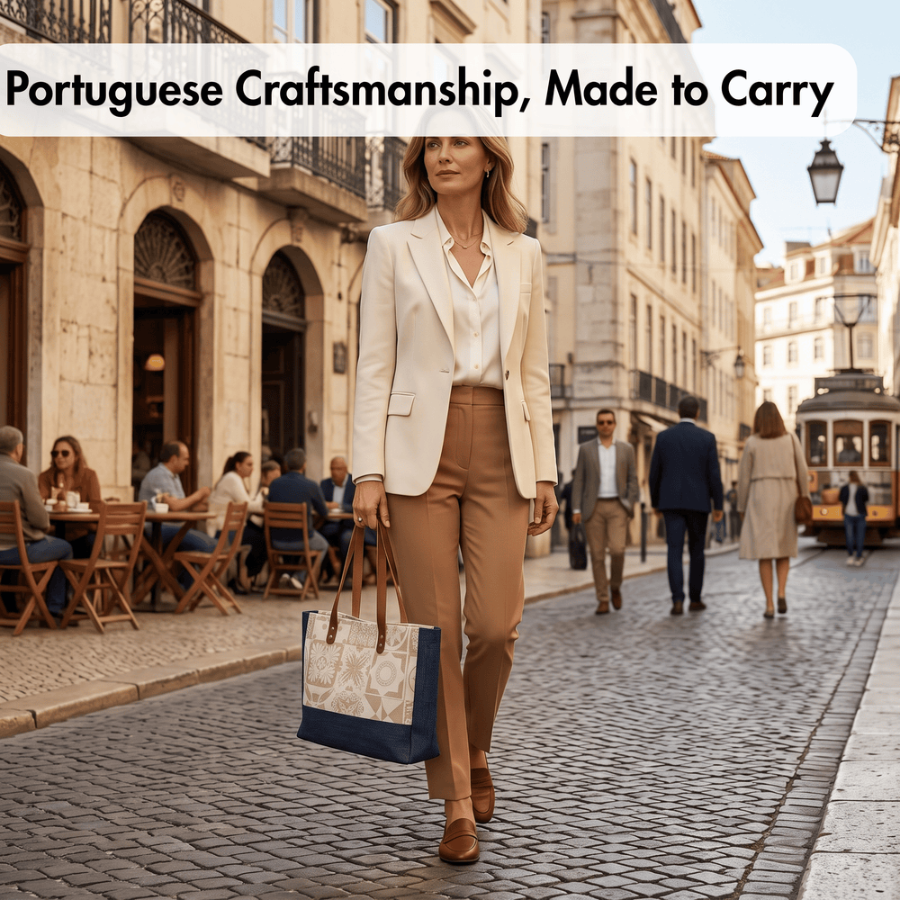 A woman walks down a cobblestone street in a European town, wearing a cream blazer and tan trousers while carrying a navy and cream tote bag. The image has a text overlay at the top that reads 'Portuguese Craftsmanship, Made to Carry'.