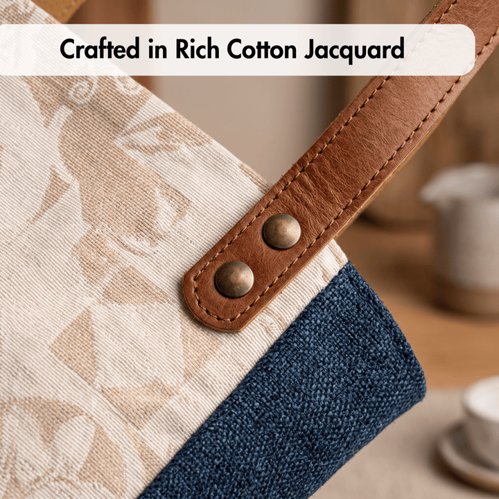Close-up of a tote bag corner showing a cream patterned cotton jacquard fabric, a navy blue fabric panel, and a brown leather strap with brass-tone rivets. A white text banner at the top reads &