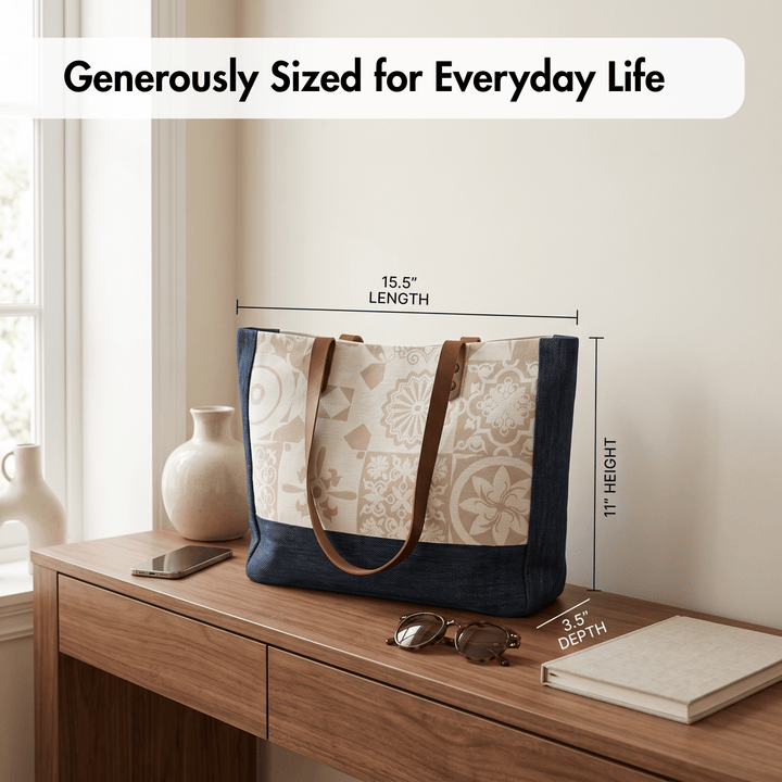 A tote bag displayed on a wooden desk in a real interior setting, with overlaid dimension lines showing 15.5 inches length, 11 inches height, and 3.