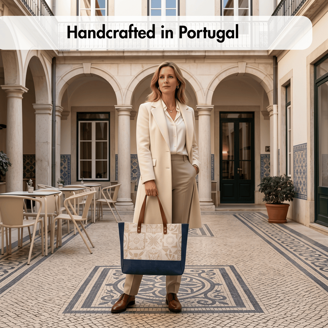 A woman stands in a sunlit courtyard holding a large tote bag. The image includes a text overlay at the top that reads &