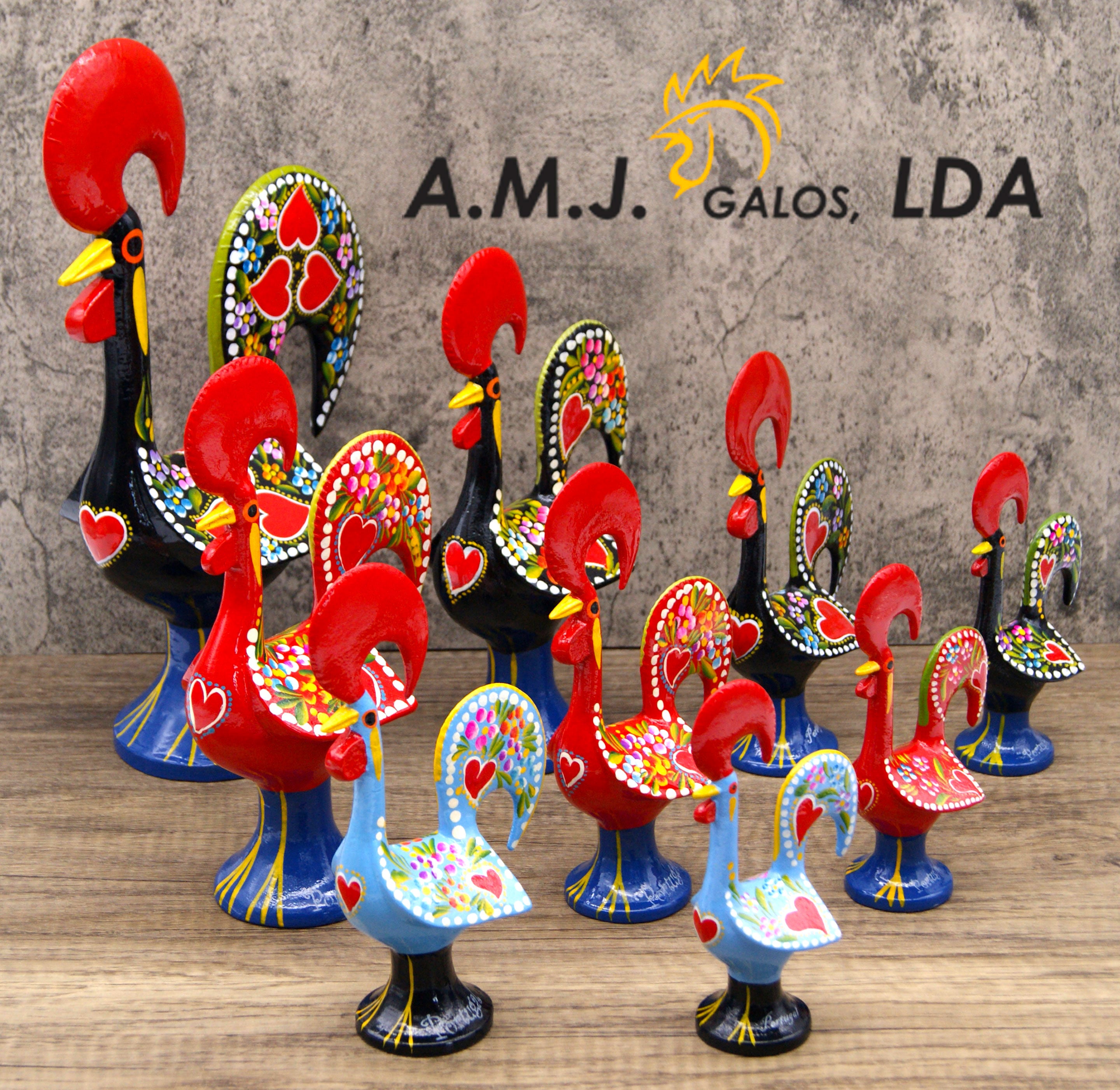 Traditional Portuguese Rooster figurines, keychains, nutcrackers, bottler stoppers and more, handmade and hand painted in Portugal by a family of master artisans.