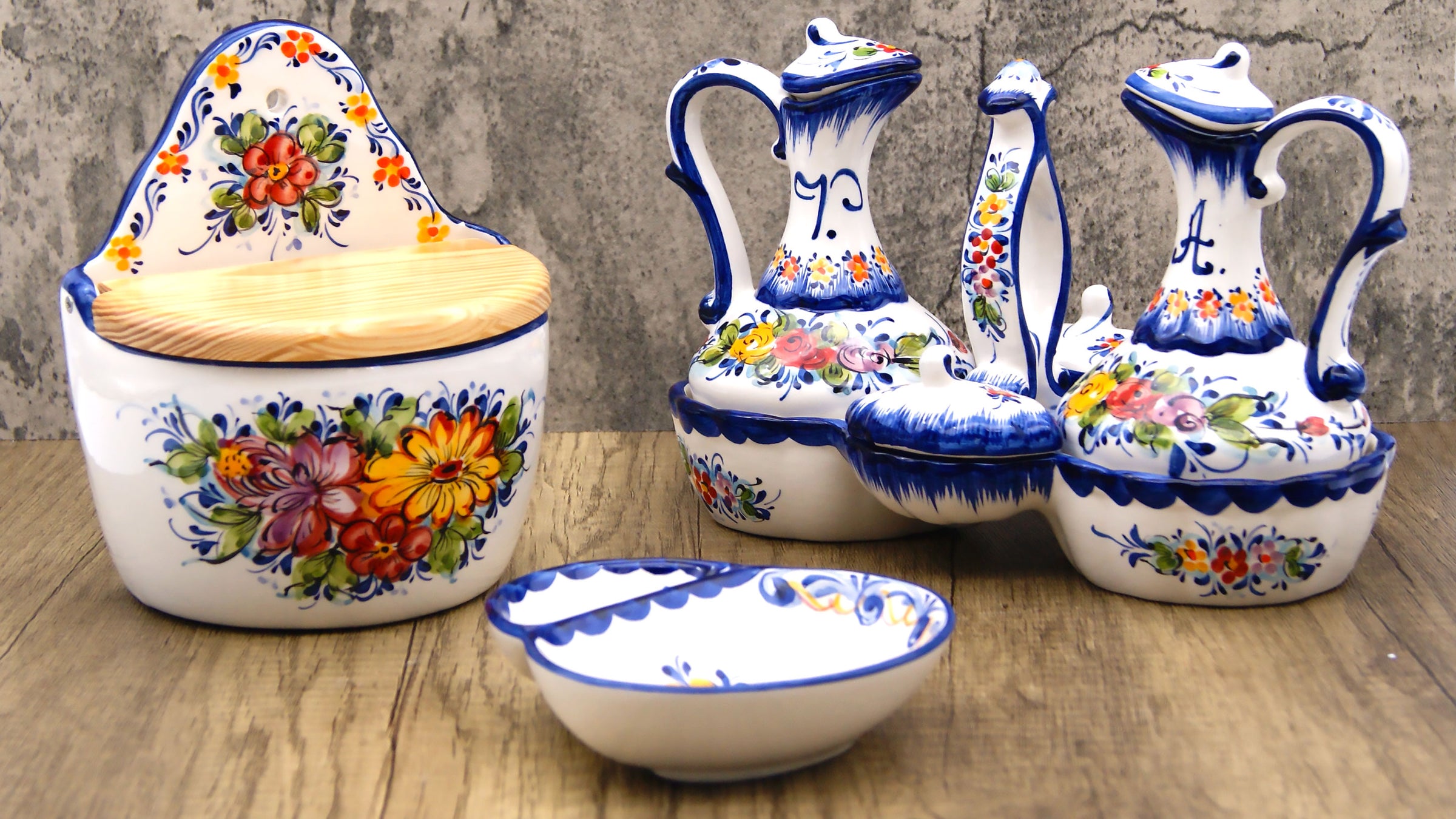 Hand painted traditional Portuguese ceramic salt holder, olive dish and cruet set. 