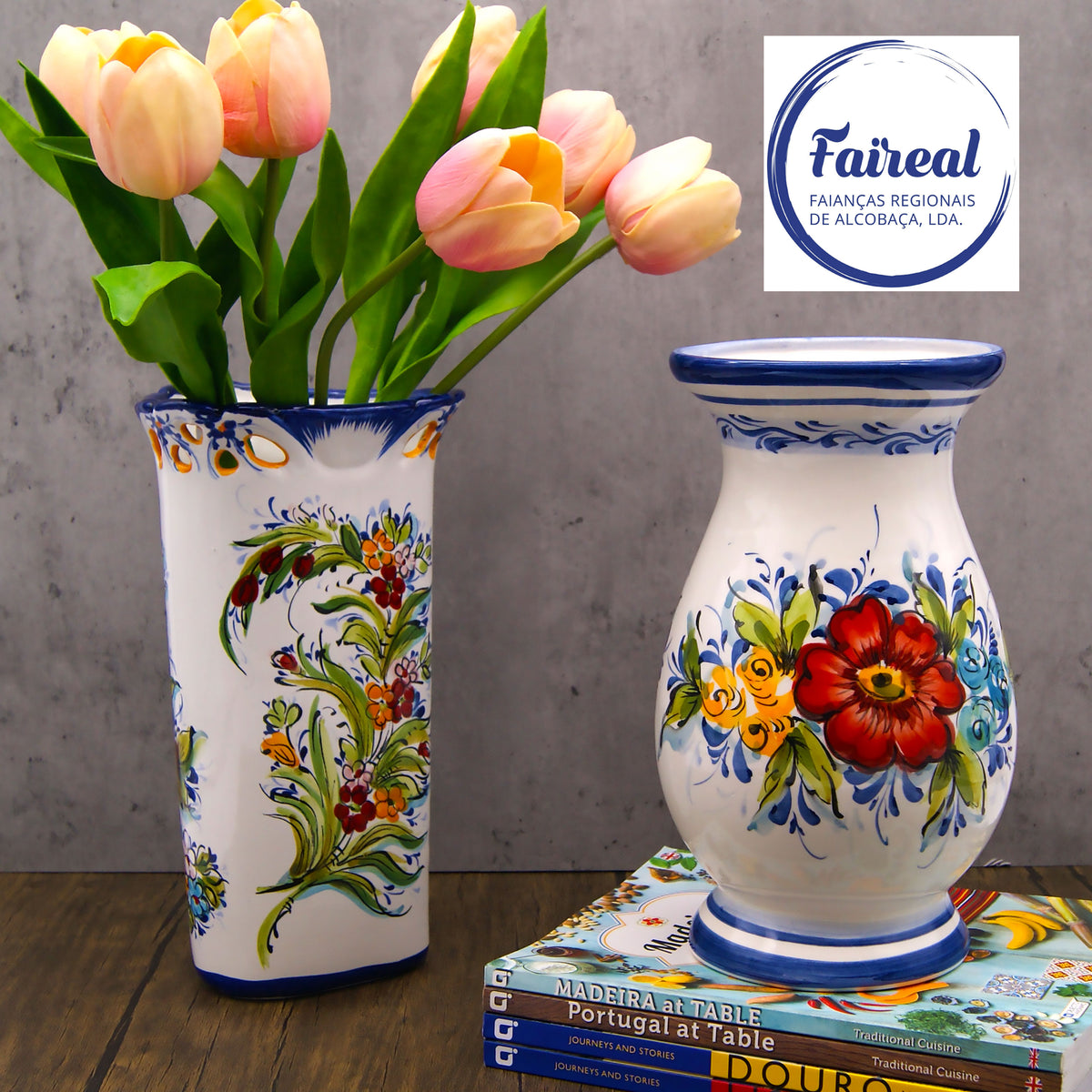 Alcaboca pottery hand painted decorative vases. Made in Portugal by a family of artisans according to antique techniques.