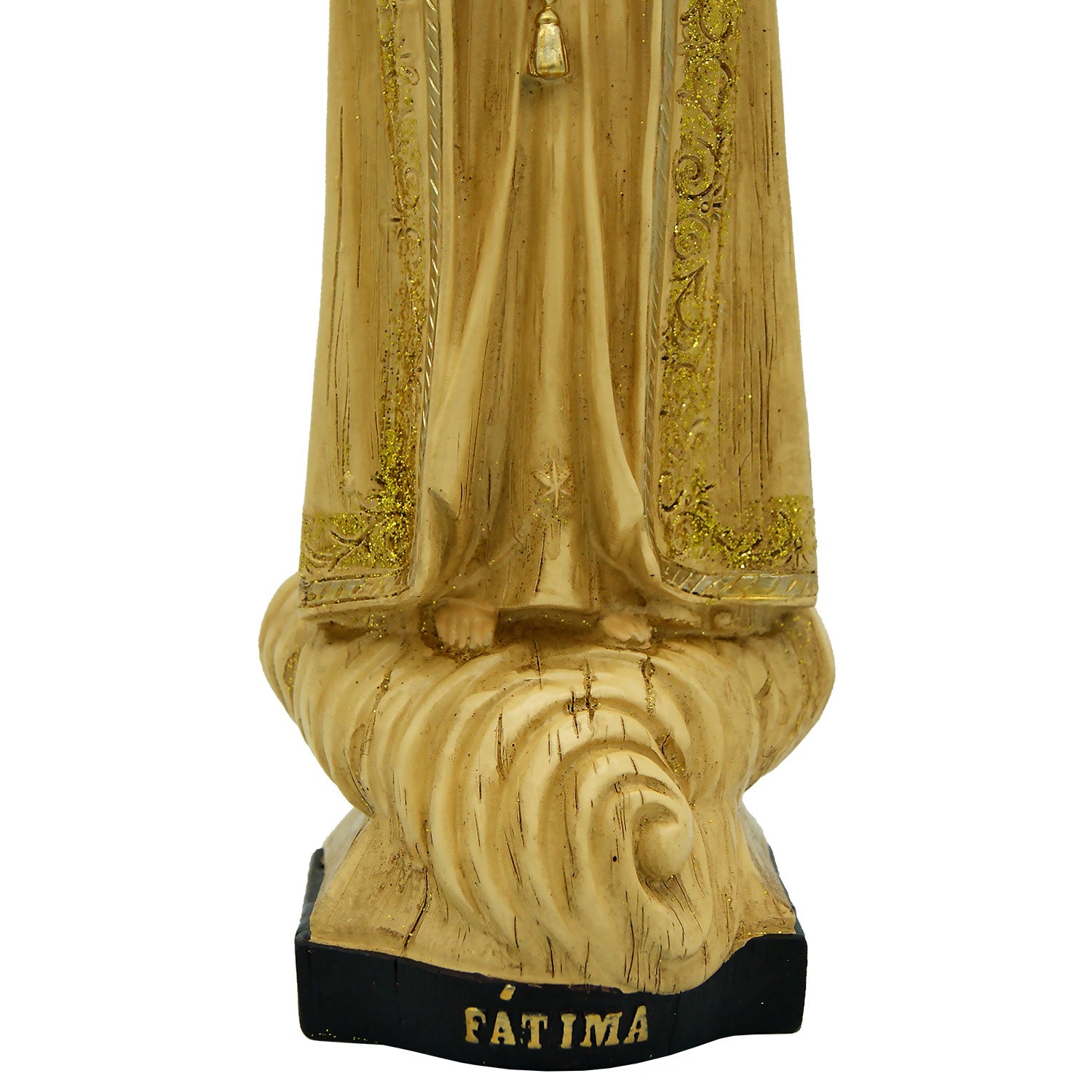This Our Lady of Fatima statue is made in Fatima, Portugal by the hands of the same artisans that craft the statues of the Shrine of Fatima. The impressive craftsmanship and attention to detail give it a wooden look-alike appearance, although it's made from resin. The figurine sits on a cloud and shows Our Lady wearing a mantle with golden accents painted by hand. On the bottom of the statue it has a music box operated by batteries that plays the Fátima Hymn, Ave.