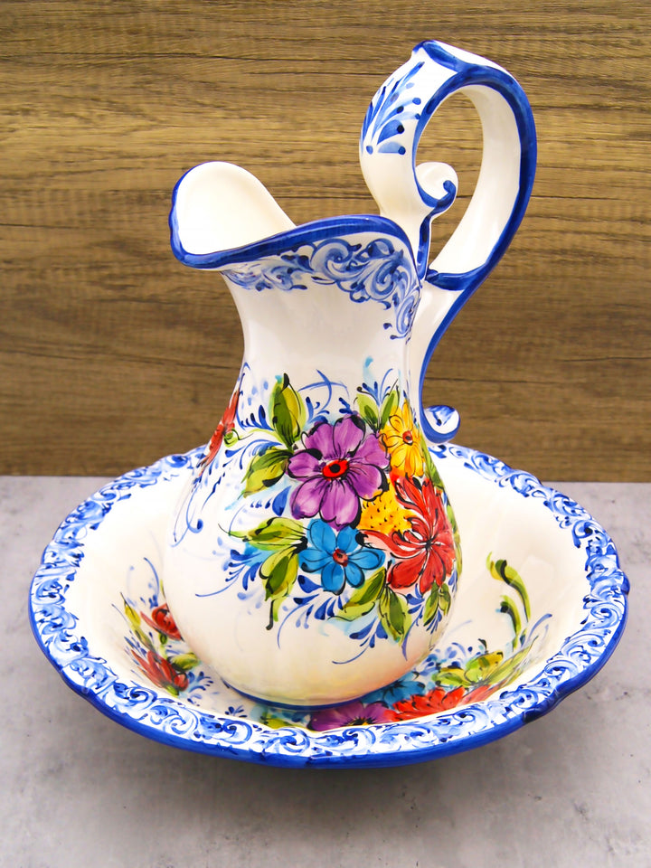 Hand Painted Portuguese Pottery Floral Wash Basin with Pitcher Set