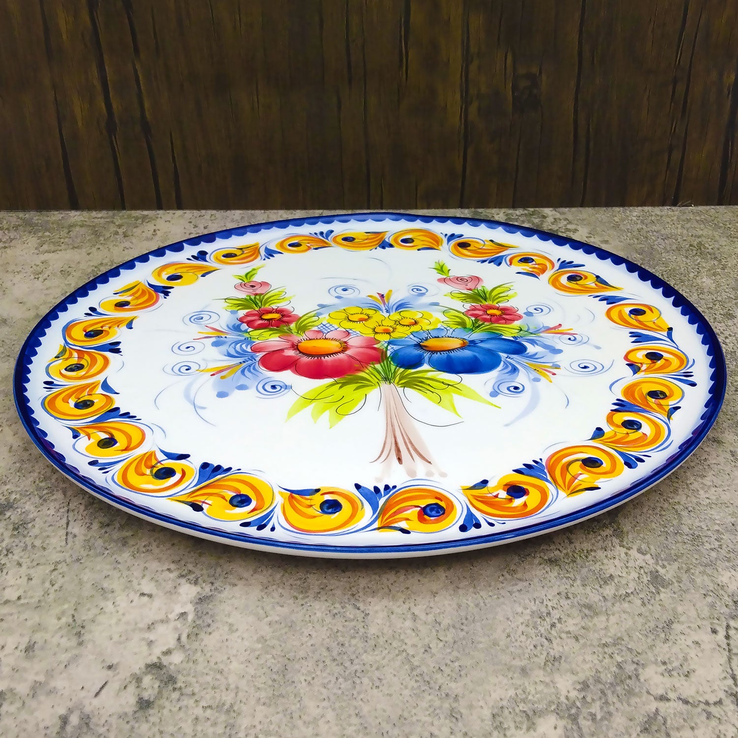 13 Inch Portuguese Pottery Hand Painted Floral Large Pizza Serving Plate