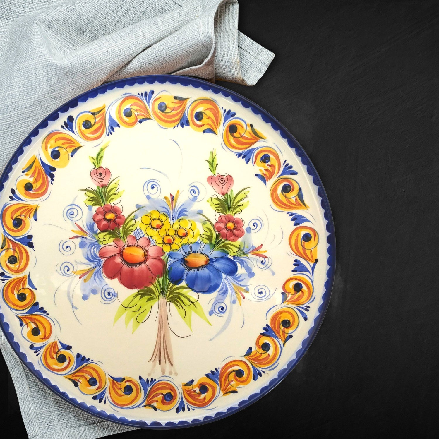 13 Inch Portuguese Pottery Hand Painted Floral Large Pizza Serving Plate