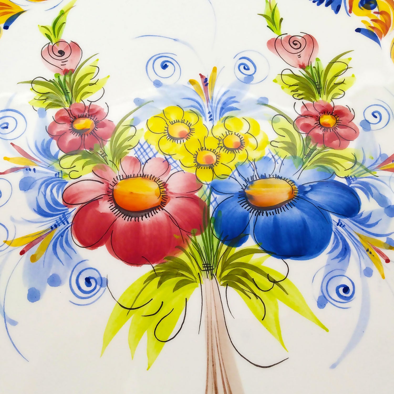 13 Inch Portuguese Pottery Hand Painted Floral Large Pizza Serving Plate