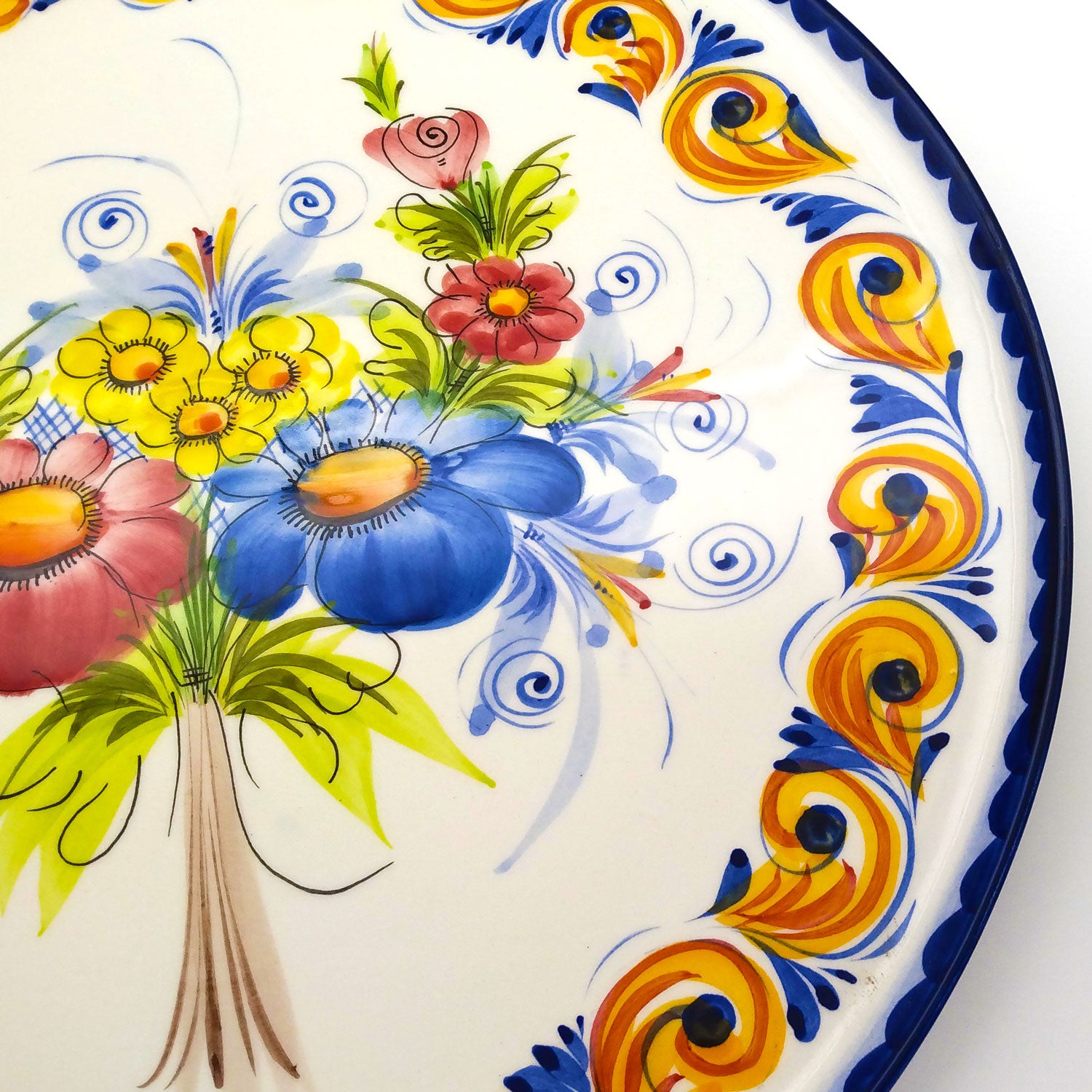 13 Inch Portuguese Pottery Hand Painted Floral Large Pizza Serving Plate