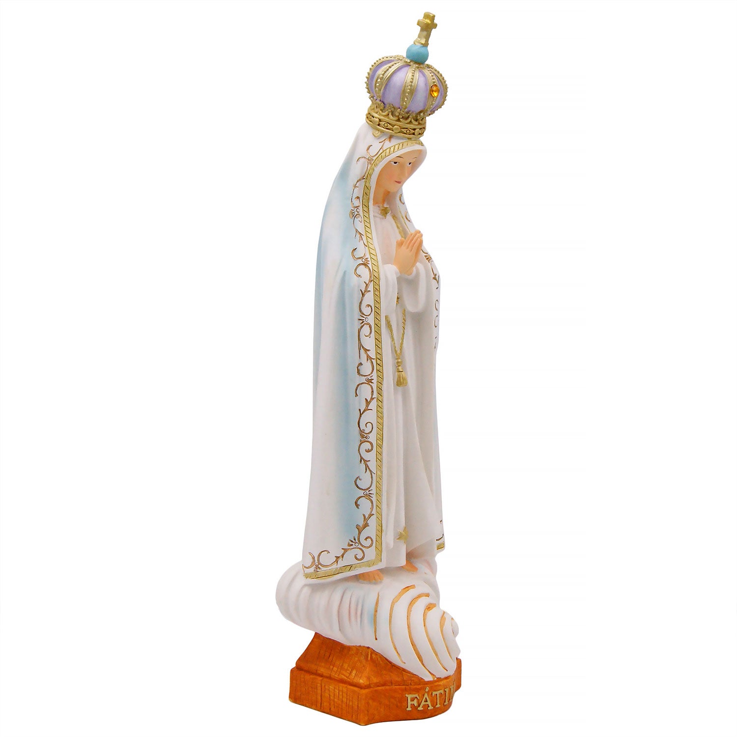 The Our Lady of Fatima figurine sits on a cloud and has an ornate crown. The impressive craftsmanship and attention to detail on the face of the Virgin, gives the statue a lifelike appearance making it the perfect inspiring religious gift for any occasion.