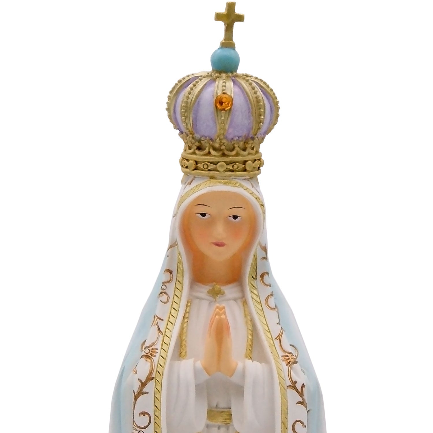 This made in Portugal Virgin Mary statue it's directly inspired by the image presented at the Chapel of Apparitions, showing Our Lady with a white mantle with light blue and golden accents painted by hand. 