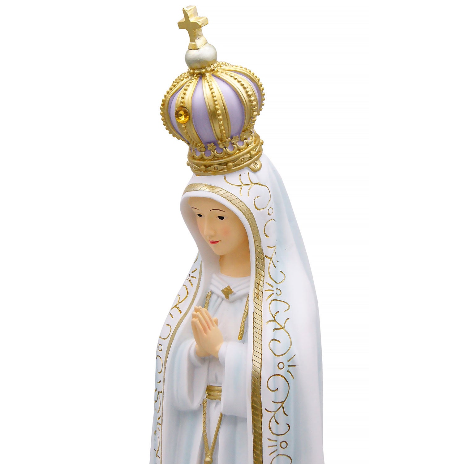 Our Lady of Fatima statue sits on a cloud and has an ornate crown. 