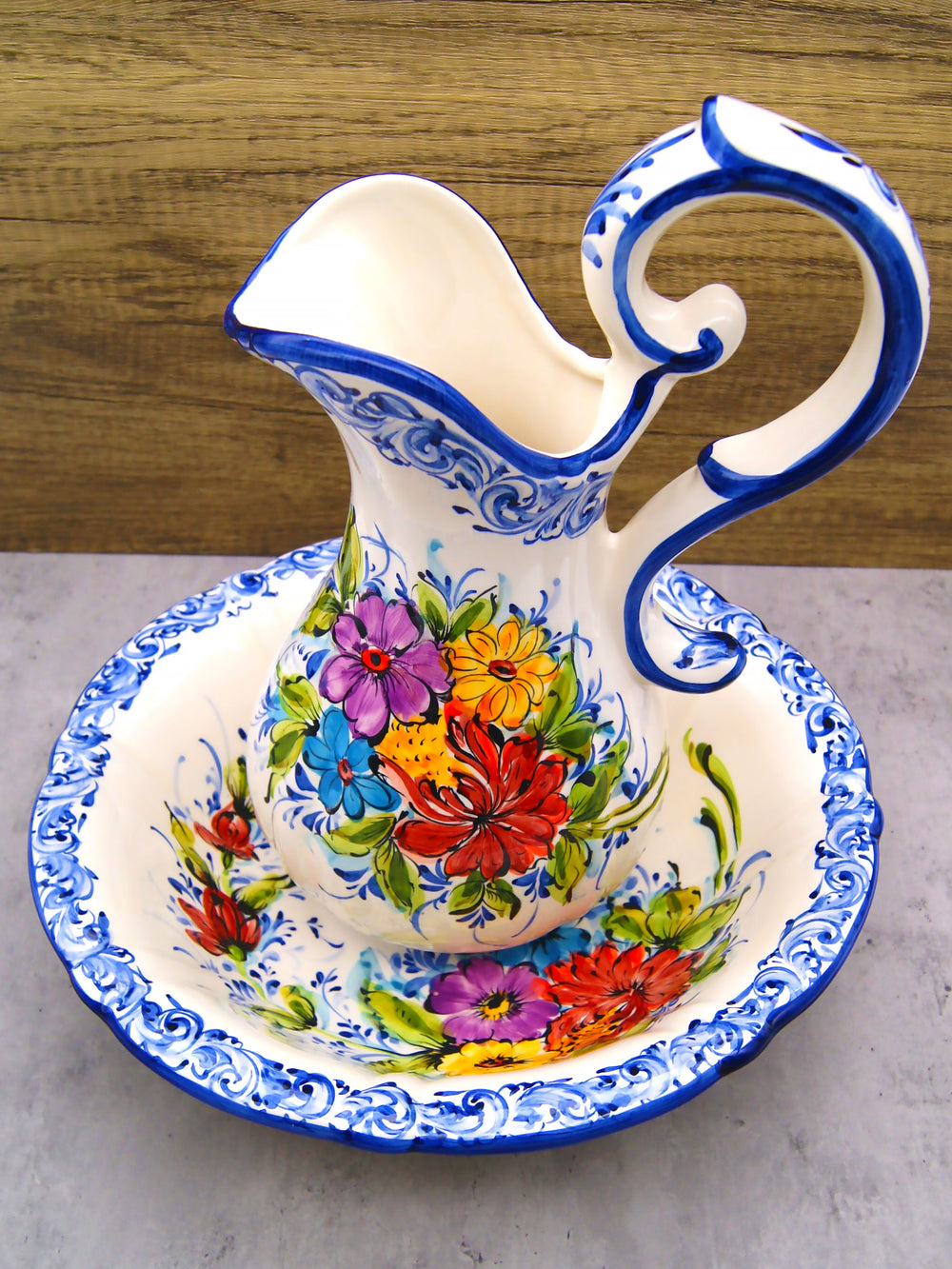 Hand Painted Portuguese Pottery Floral Wash Basin with Pitcher Set