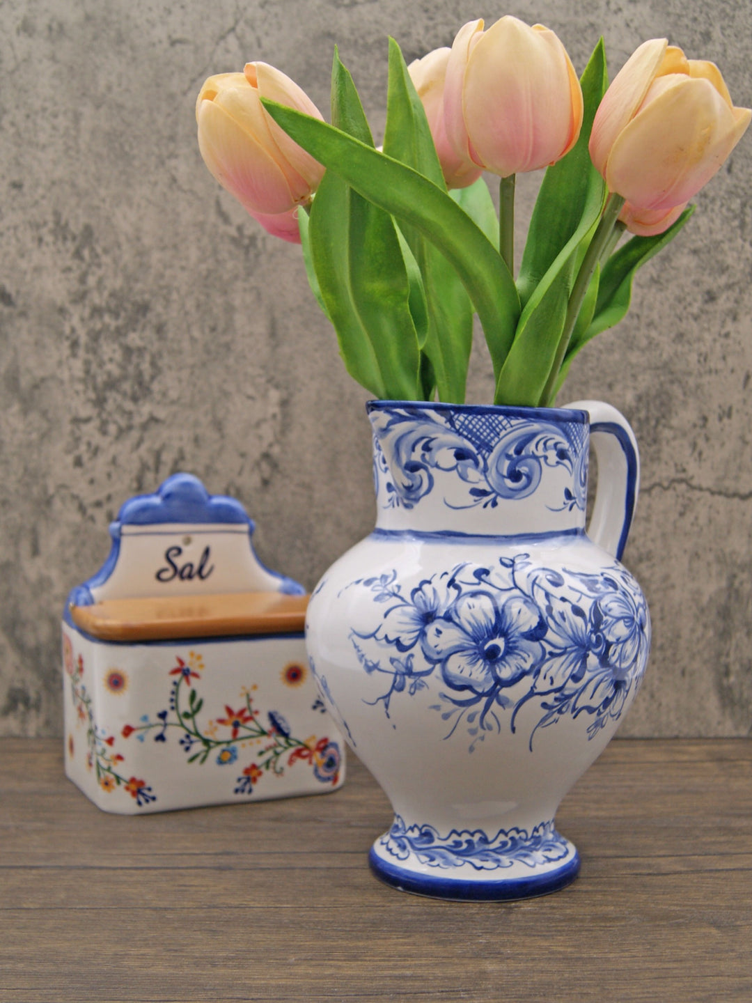 Hand Painted Portuguese Pottery Ceramic Flower Pitcher Vase