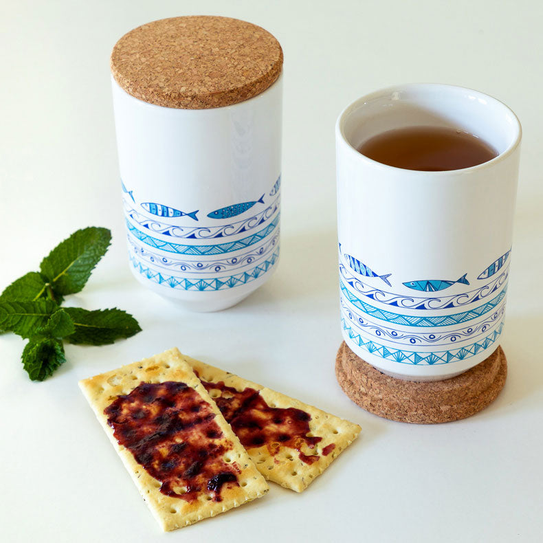 Traditional portuguese ceramics blue tea cups with cork coaster.