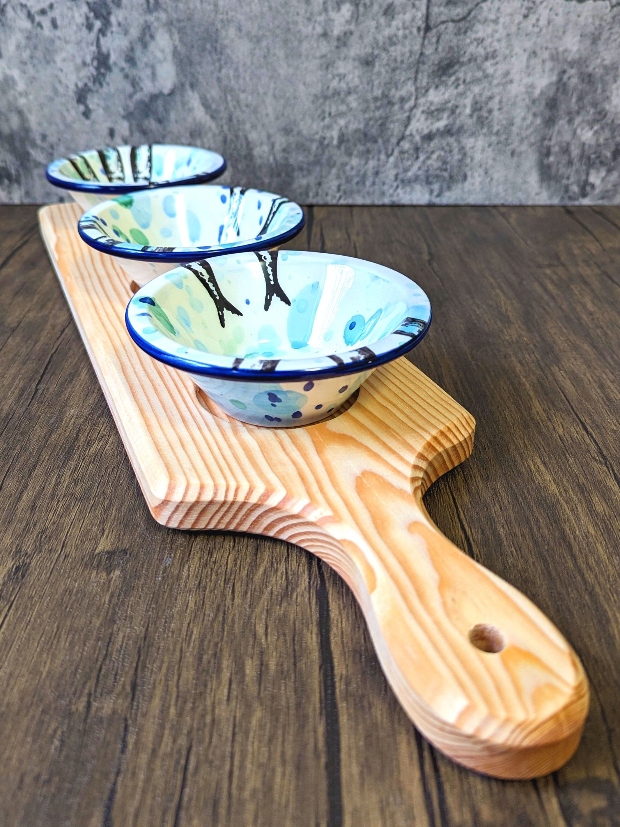 Chip and Dip Wooden Serving Board with 3 Ceramic Dipping Bowls