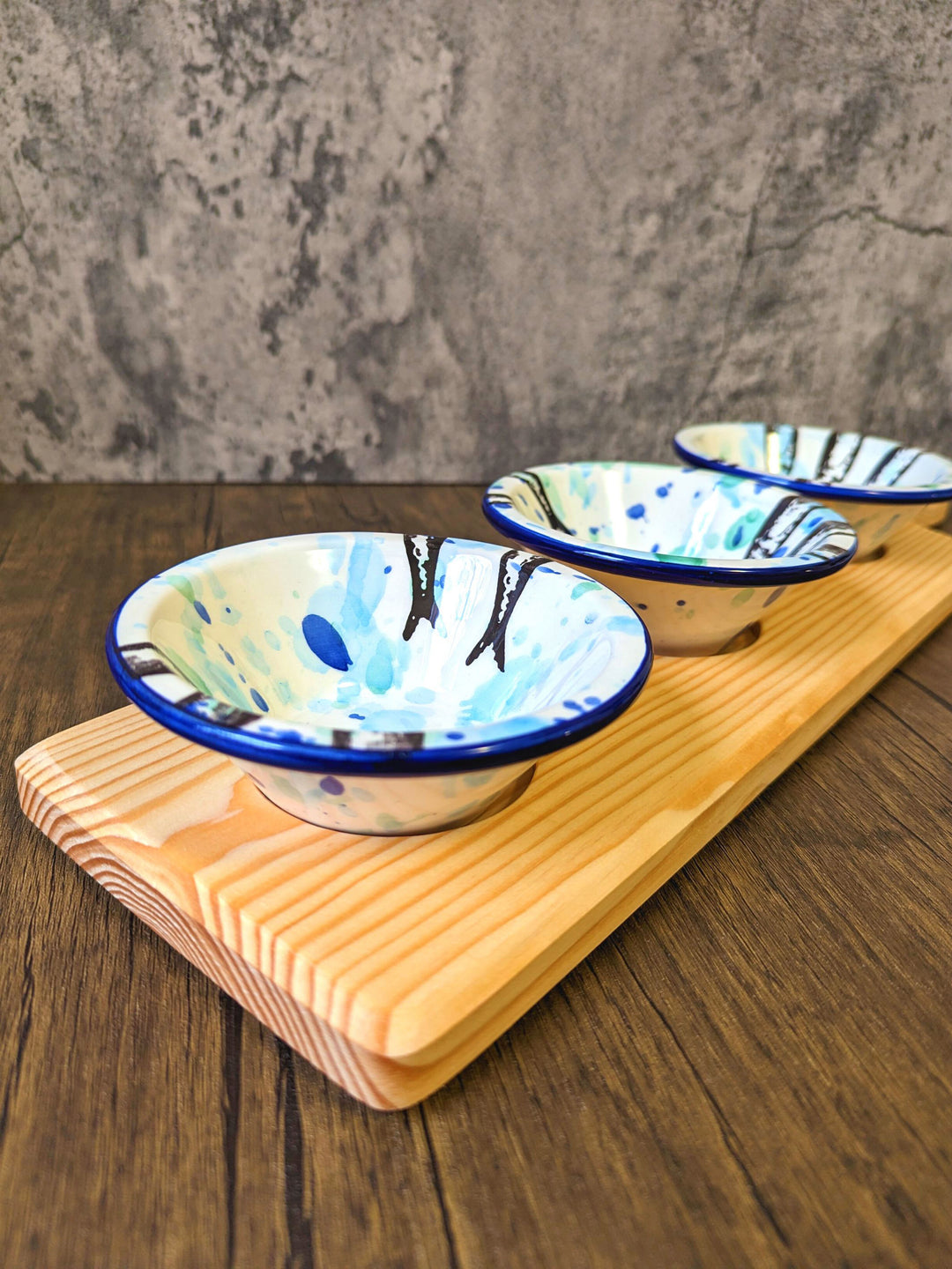 Chip and Dip Wooden Serving Board with 3 Ceramic Dipping Bowls