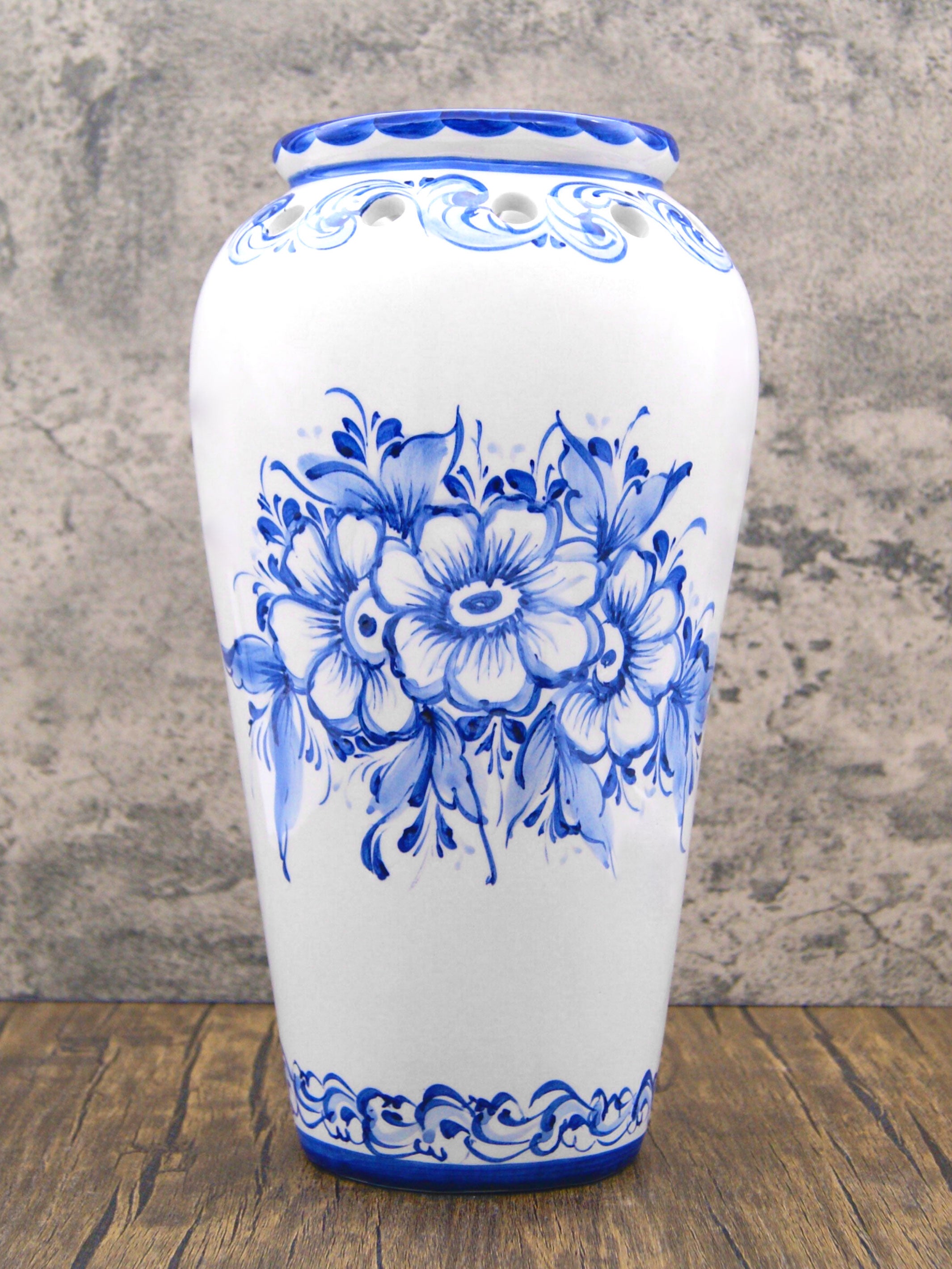 Hand Painted Blue & White Portuguese Pottery Ceramic Decorative Flower Vase