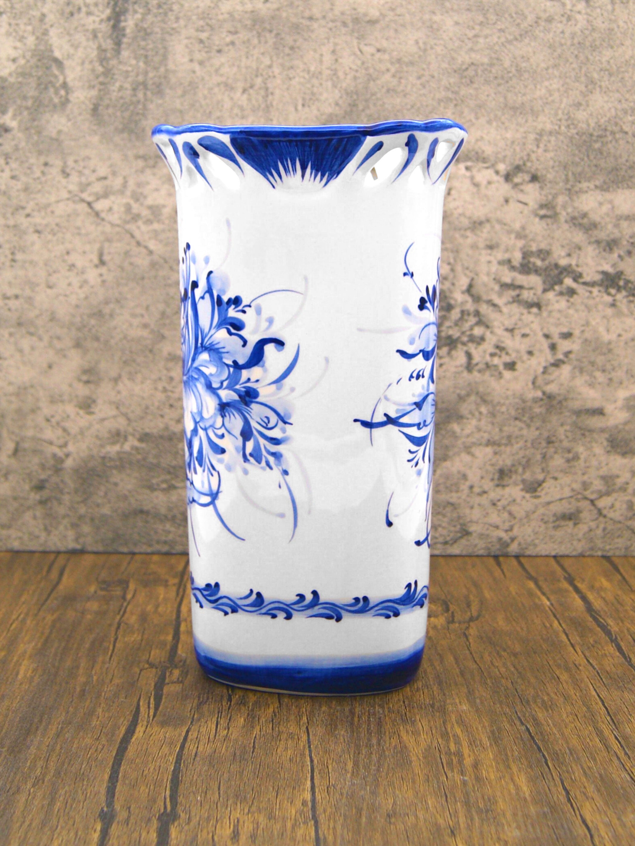 Hand Painted Blue & White Portuguese Pottery Ceramic Decorative Flower Vase