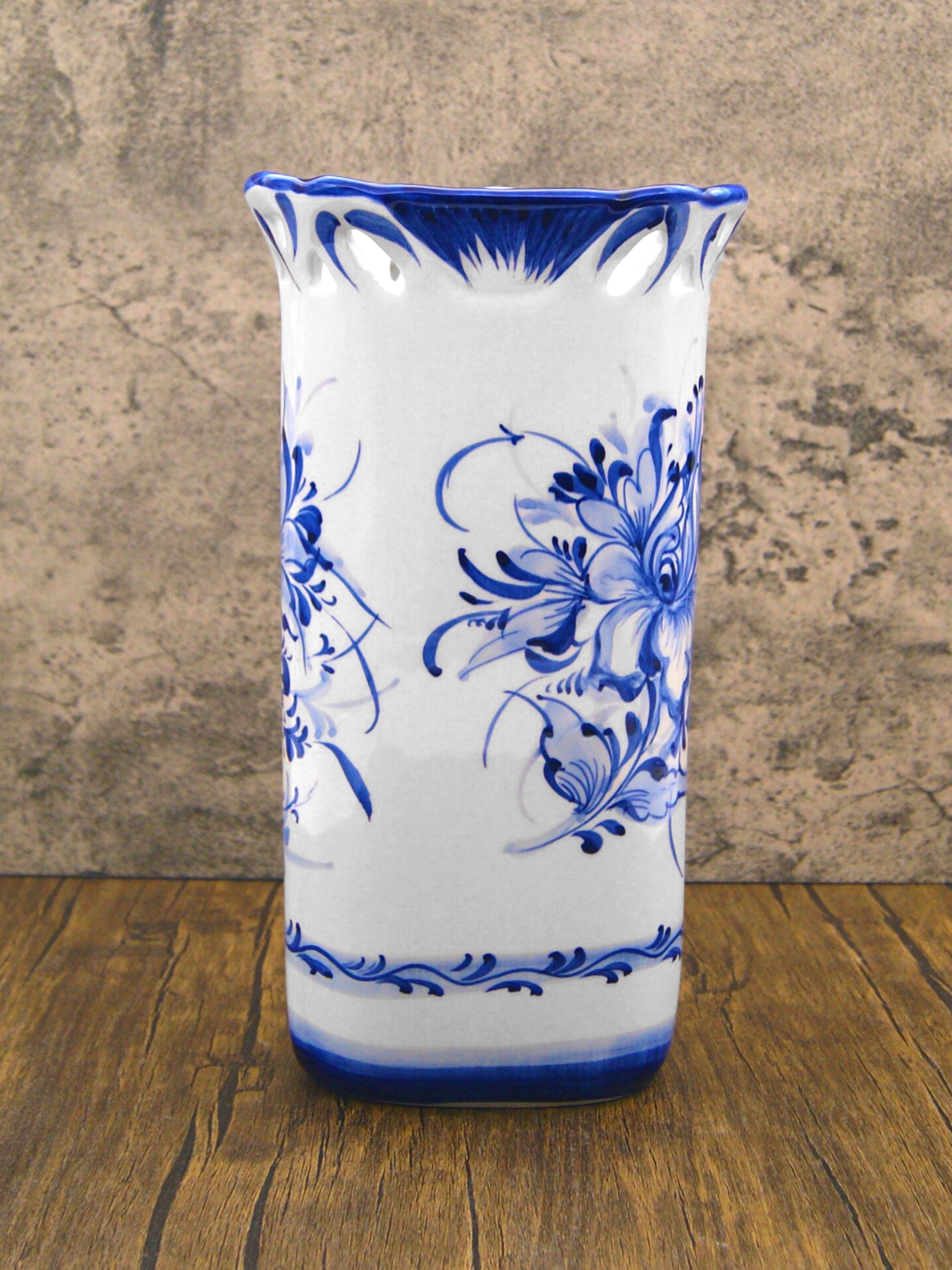 Hand Painted Blue & White Portuguese Pottery Ceramic Decorative Flower Vase