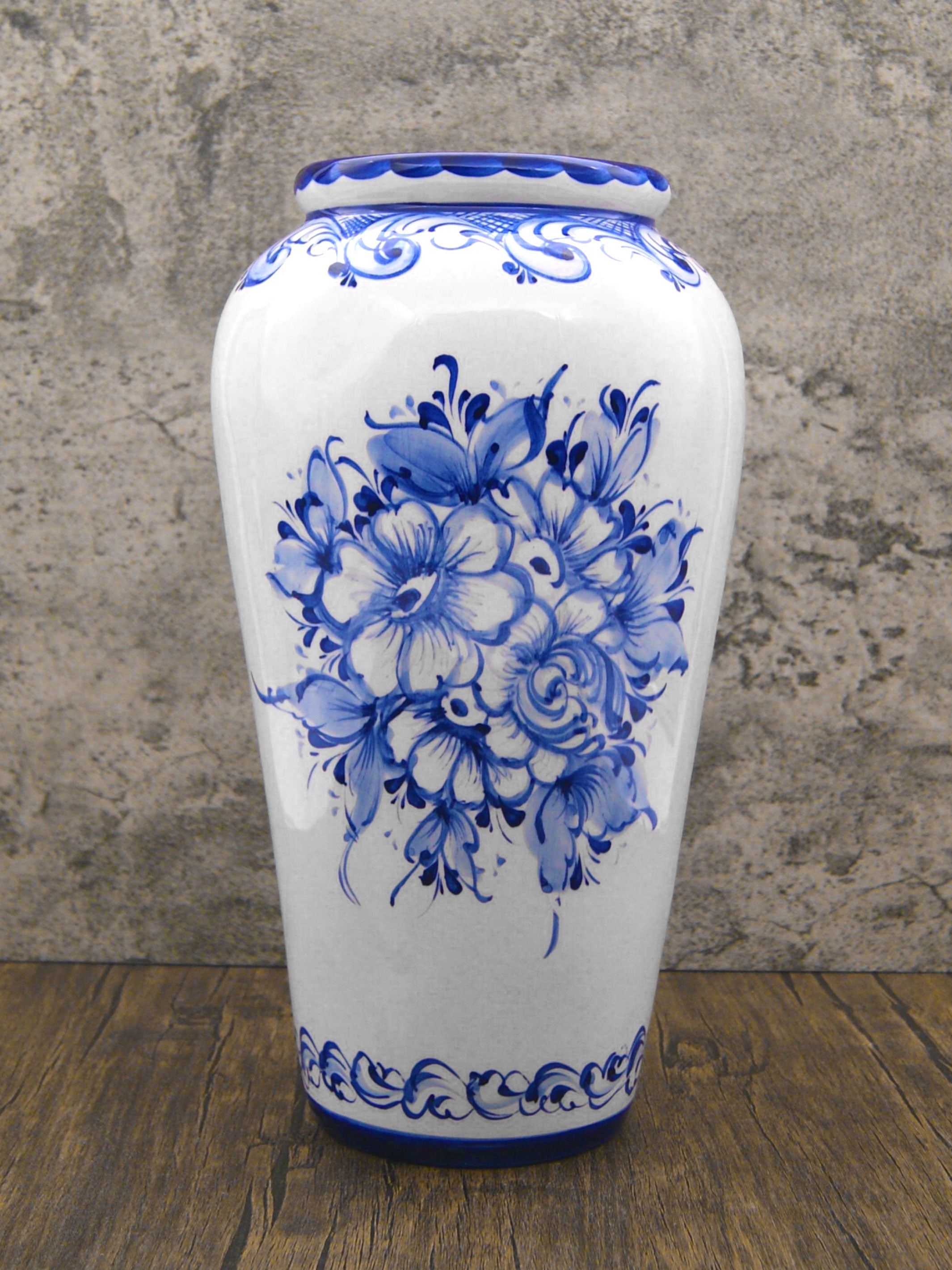 Hand Painted Blue & White Portuguese Pottery Ceramic Decorative Flower Vase