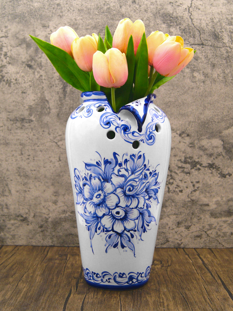 Hand Painted Blue & White Portuguese Pottery Decorative Flower Vase ...