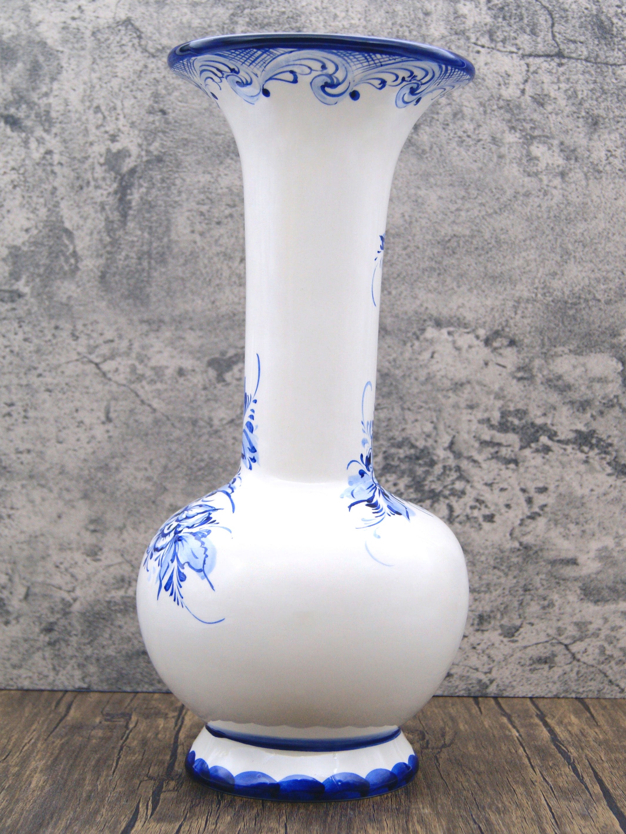 Hand Painted Blue & White Portuguese Pottery Ceramic Decorative Flower Vase