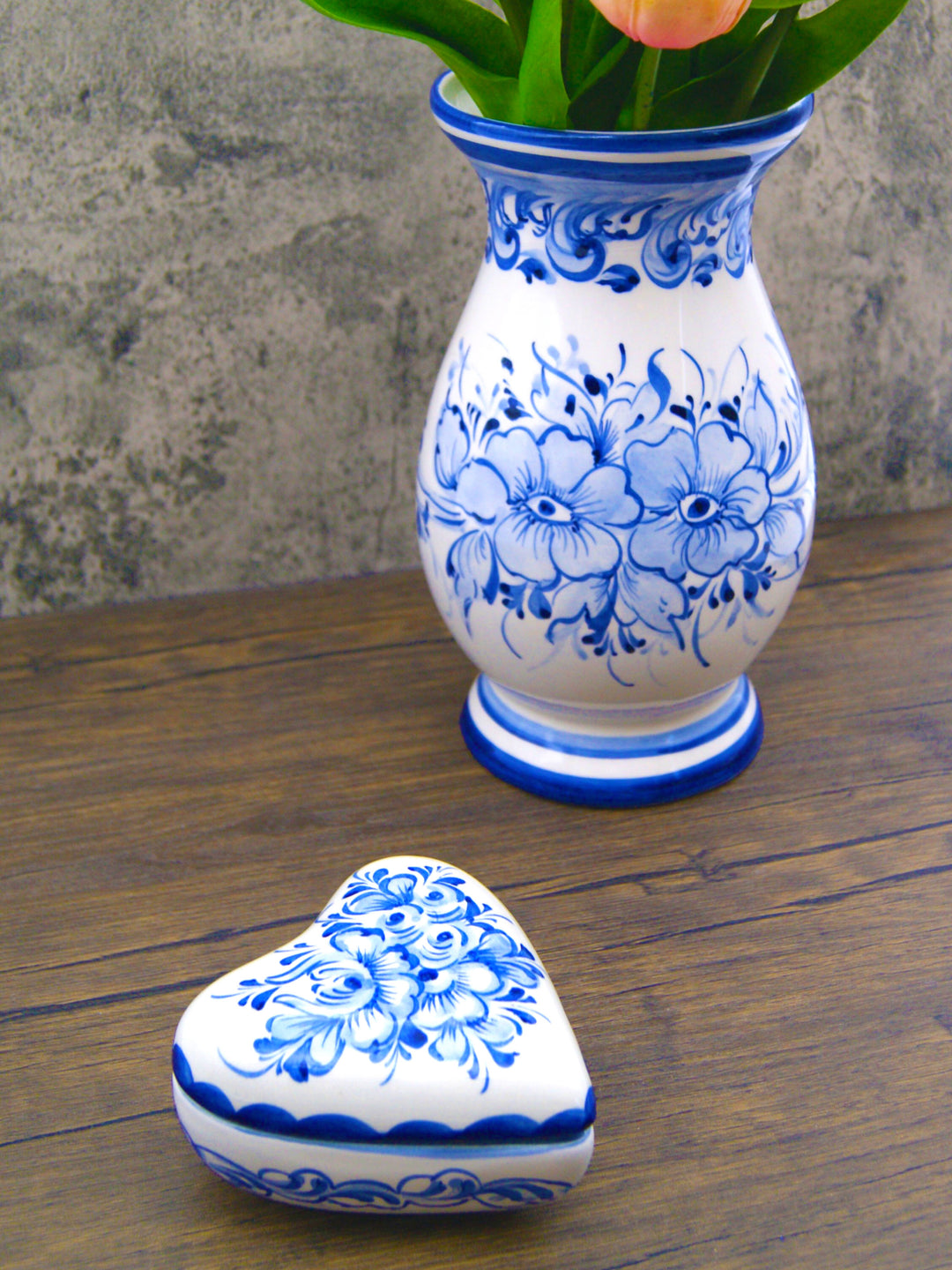 Hand Painted Blue & White Portuguese Pottery Heart Jewelry Box