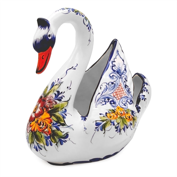 Hand Painted Portuguese Pottery Ceramic Large Swan Planter Figurine