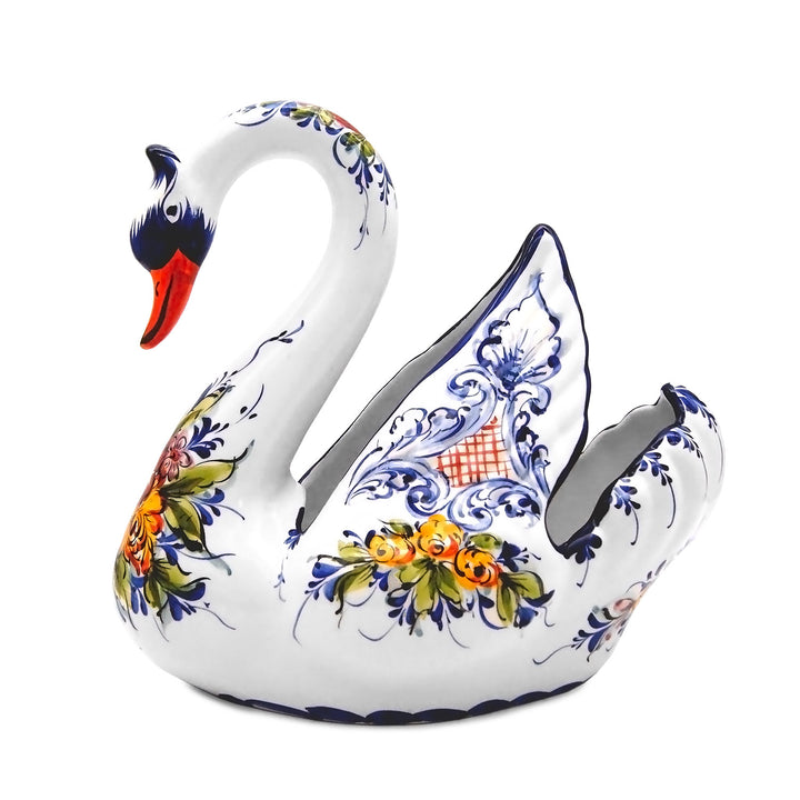 Hand Painted Portuguese Pottery Ceramic Large Swan Planter Figurine