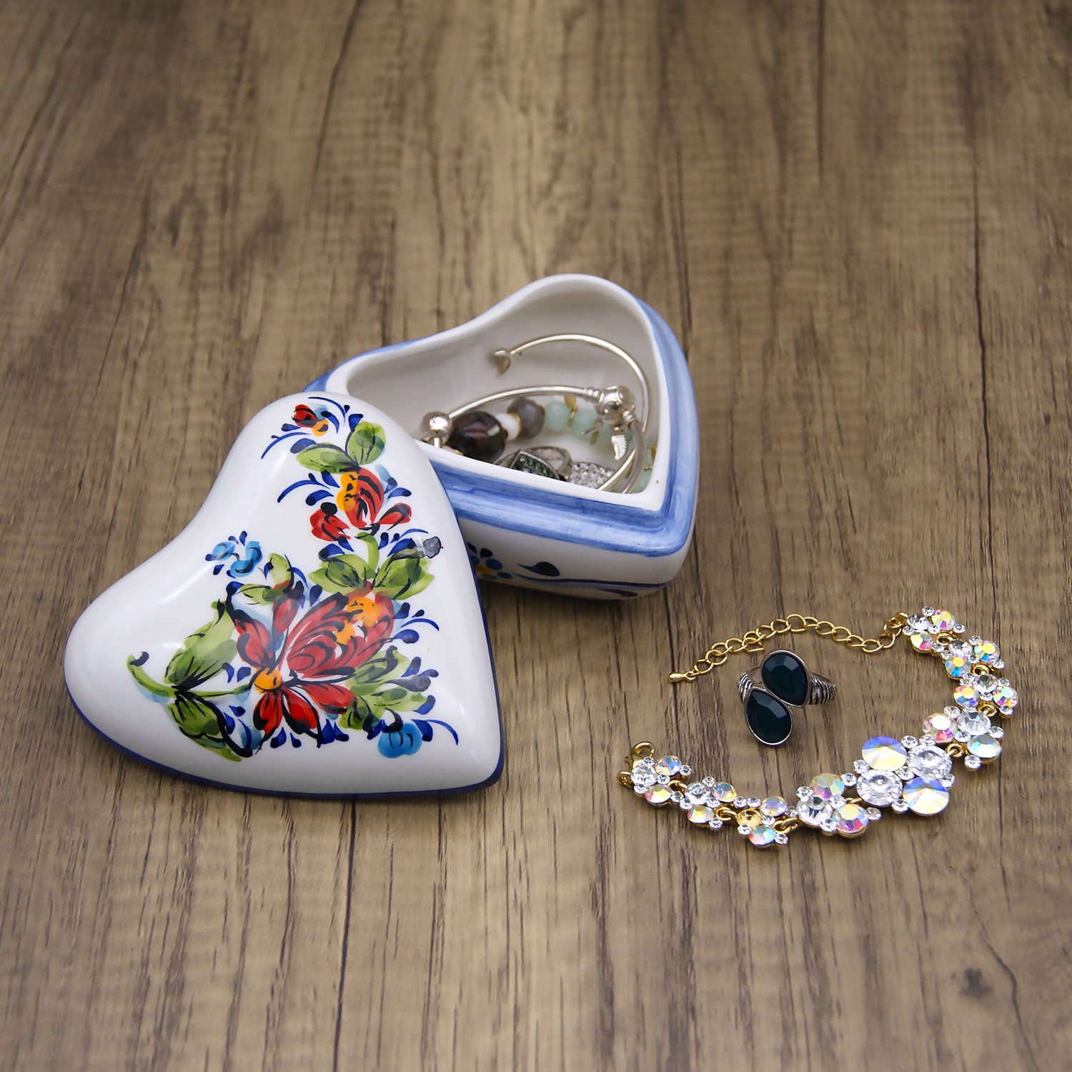 Hand Painted Portuguese Pottery Alcobaça Ceramic Large Heart Jewelry Box Made in Portugal