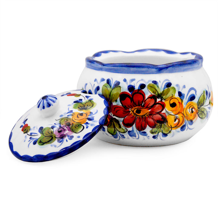 Hand Painted Portuguese Pottery Alcobaça Ceramic Sugar Bowl with Lid