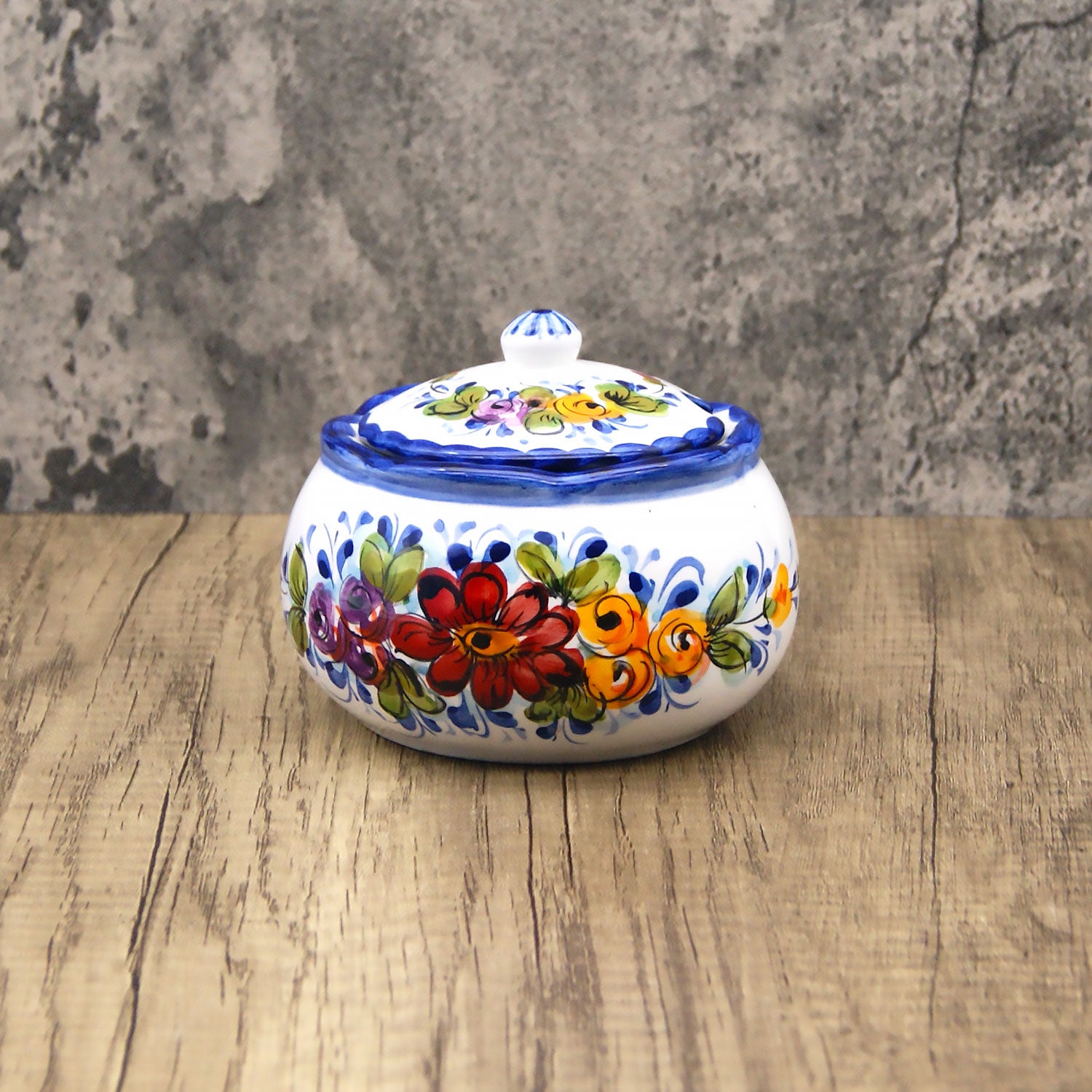 Hand Painted Portuguese Pottery Alcobaça Ceramic Sugar Bowl with Lid